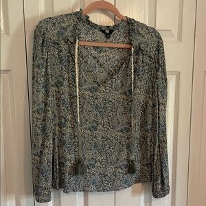 Frye Paisley Long-Sleeve V-Neck Tassel Blouse in Olive and Blue